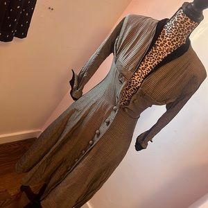 Vintage gray and black striped dress with velvet detail